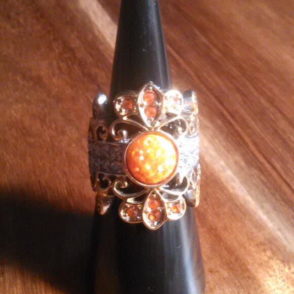 Simulated Opal and Orange and White Crystal Stainless Steel Ring (Size 6) - Picture 8 of 10